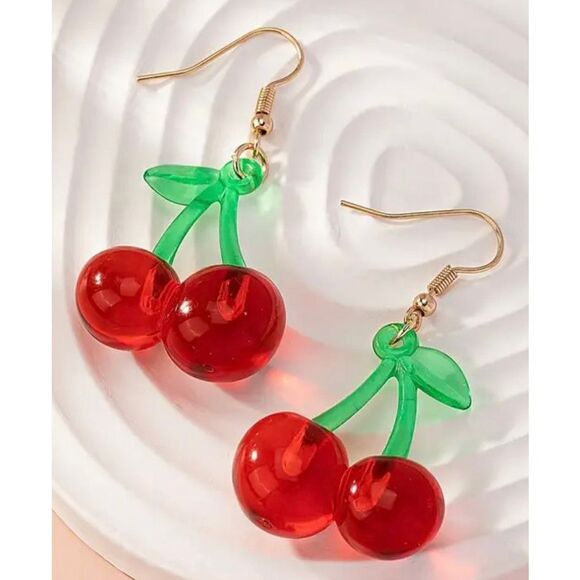 NWT Red Cherries Green Leaf Fun Fruit Dangle Drop Earrings - Picture 2 of 5